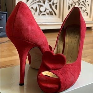Suede Kate Spade Heart Peep-Toe Pumps, Size 10